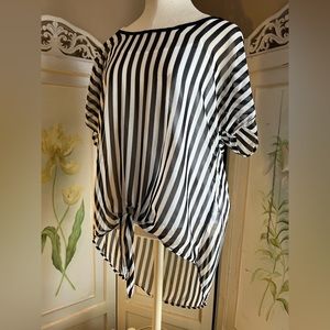 Bobeau Black / white striped sheer blouse, shark bite hem and front tie size SM